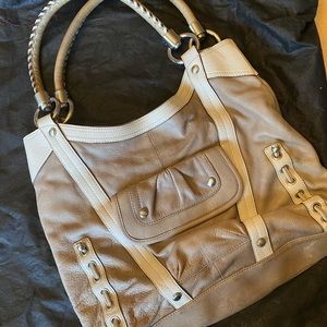 b. machowsky satchel with dust bag in tan &beige.